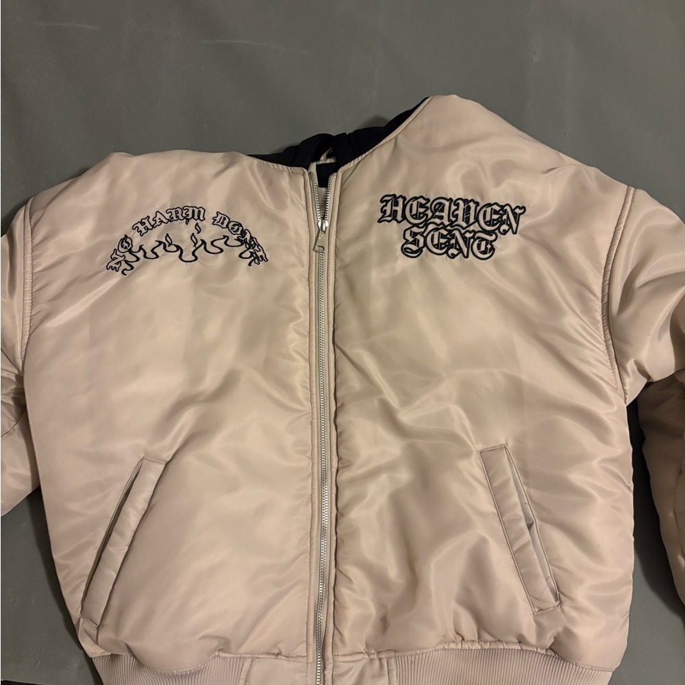 Beige Bomber Jacket with Embroidered Text